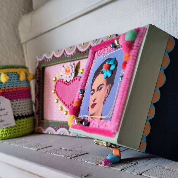 Frida Kahlo, Frida Kahlo Deko, Schmuckkasten, Frida Kahlo Bild, Set Frida Kahlo, Geschenkset für Frauen, Dosen Upcycling,Mexikanische Deko