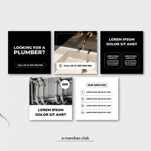 Pode incluir: Um design gr&aacute;fico em preto e branco para um servi&ccedil;o de canaliza&ccedil;&atilde;o. O design apresenta um fundo preto com texto branco que diz "Looking for a plumber?" e "Call us at 000 000 000". H&aacute; tamb&eacute;m um fundo branco com texto preto que diz "Lorem ipsum dolor sit amet" e "Our services". O design tamb&eacute;m apresenta uma foto de uma pia com uma torneira e uma foto de canos.