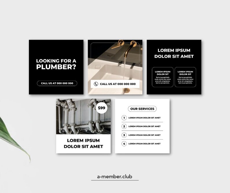 Pode incluir: Um design gr&aacute;fico em preto e branco para um servi&ccedil;o de canaliza&ccedil;&atilde;o. O design apresenta um fundo preto com texto branco que diz "Looking for a plumber?" e "Call us at 000 000 000". H&aacute; tamb&eacute;m um fundo branco com texto preto que diz "Lorem ipsum dolor sit amet" e "Our services". O design tamb&eacute;m apresenta uma foto de uma pia com uma torneira e uma foto de canos.