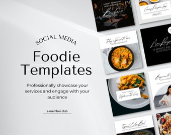 May include: A promotional image for "Foodie Templates" for social media. The image features several food-related social media posts with text overlays. The templates showcase recipes and restaurant recommendations. The image includes the website address a-member.club.