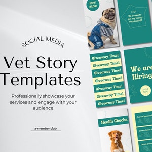 Puede incluir: Un conjunto de plantillas de historias de redes sociales para una clínica veterinaria. Las plantillas presentan una variedad de diseños, que incluyen un pug con una chaqueta vaquera, un perro con un fondo amarillo y un fondo verde con el texto "¡Estamos contratando!" y "¡Aplique hoy!".