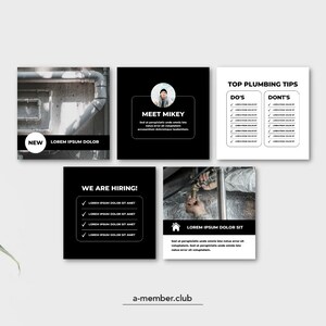 Pode incluir: Um design gr&aacute;fico em preto e branco para uma empresa de canaliza&ccedil;&atilde;o. O design inclui uma foto de canos, uma foto de um canalizador a trabalhar, uma foto de uma pessoa e texto que diz "Meet Mikey", "We are hiring!" e "Top Plumbing Tips".