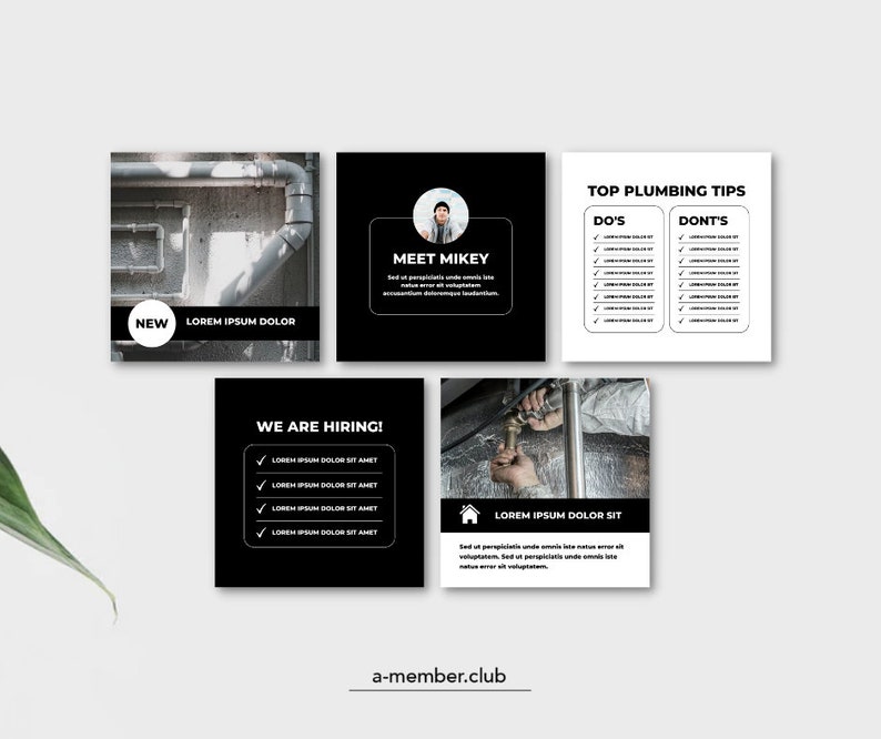 Pode incluir: Um design gr&aacute;fico em preto e branco para uma empresa de canaliza&ccedil;&atilde;o. O design inclui uma foto de canos, uma foto de um canalizador a trabalhar, uma foto de uma pessoa e texto que diz "Meet Mikey", "We are hiring!" e "Top Plumbing Tips".