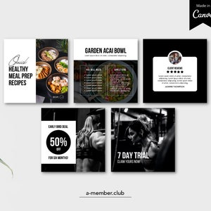 May include: A collage of images promoting a fitness and healthy lifestyle membership. The images include a recipe for a garden acai bowl, a client review with five stars, a 50% off early bird deal, and a 7-day free trial offer. The text "a-member.club" is at the bottom of the collage.