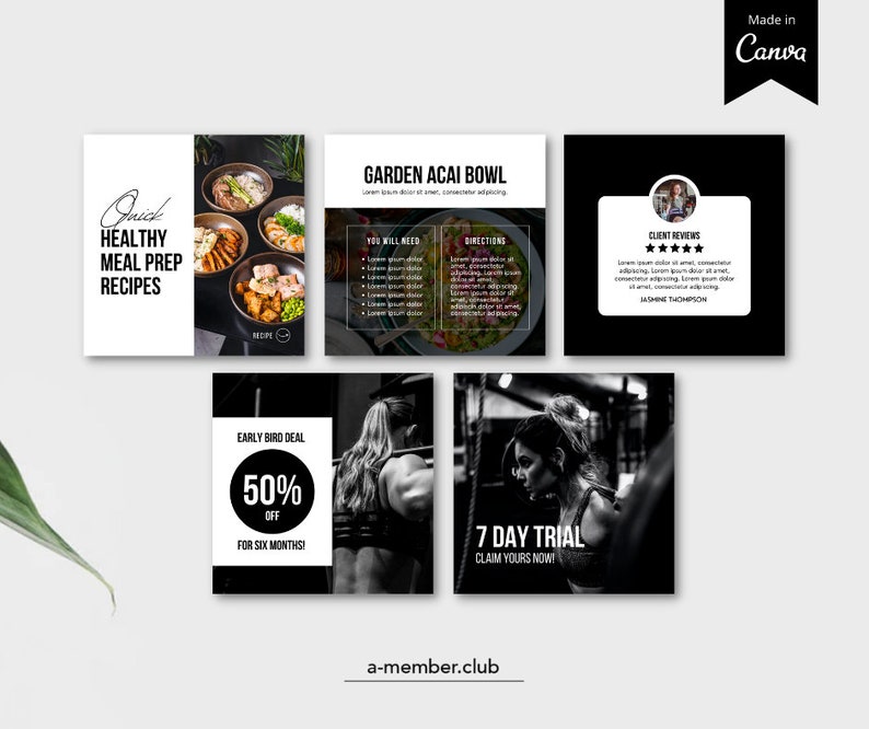 May include: A collage of images promoting a fitness and healthy lifestyle membership. The images include a recipe for a garden acai bowl, a client review with five stars, a 50% off early bird deal, and a 7-day free trial offer. The text "a-member.club" is at the bottom of the collage.