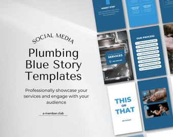 Pode incluir: Um conjunto de modelos de mídia social azuis e brancos para serviços de encanamento. Os modelos incluem texto como "Insert Step", "Our Process" e "This or That". Projetado para apresentar profissionalmente os serviços e interagir com o público.