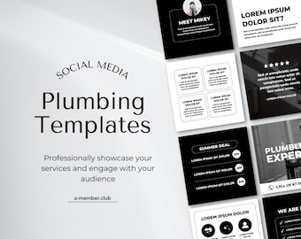 May include: A set of social media templates for a plumbing business. The templates feature black and white designs with text that says "Plumbing Templates", "Meet Mikey", "Summer Deal", "Plumbly Experts", and "Lorem Ipsum Dolor Sit".