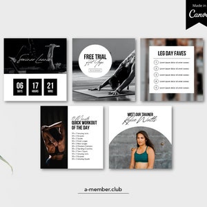 May include: A set of six black and white Instagram post templates for a fitness or yoga studio. The templates feature images of women exercising, text about a free trial, a quick workout, and a leg day workout, and a photo of a fitness trainer. The text on the templates includes "Free Trial Hot Yoga", "10 Minute Quick Workout of the Day", "Leg Day Faves", and "Meet Our Trainer Kylie Watts".