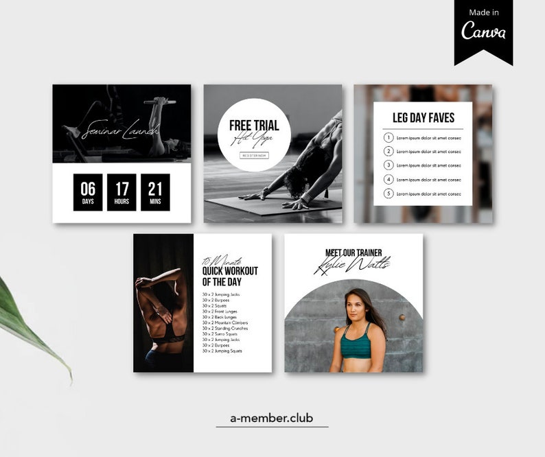 May include: A set of six black and white Instagram post templates for a fitness or yoga studio. The templates feature images of women exercising, text about a free trial, a quick workout, and a leg day workout, and a photo of a fitness trainer. The text on the templates includes "Free Trial Hot Yoga", "10 Minute Quick Workout of the Day", "Leg Day Faves", and "Meet Our Trainer Kylie Watts".