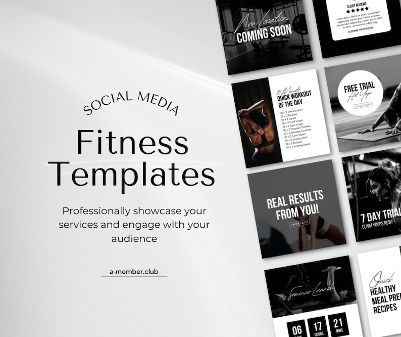 May include: A collection of nine black and white social media templates for fitness businesses. The templates feature text such as "Quick Workout of the Day", "Real Results From You!" and "7 Day Trial".