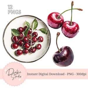 May include: A white plate with a collection of red cherries, some with green stems and leaves. Three individual cherries are also shown, two with stems and one with a stem.