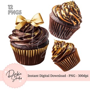 12 chocolade- en gouden cupcake-png's - elegante digitale clipart voor ontwerpen van feesten en evenementen, transparante achtergrond, commercieel gebruik