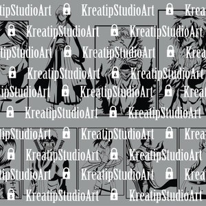 Può includere: Illustrazione digitale in bianco e nero di nove personaggi anime. I personaggi sono disegnati in stile manga e sono tutti in pose diverse. I personaggi indossano tutti abiti diversi e hanno acconciature diverse.