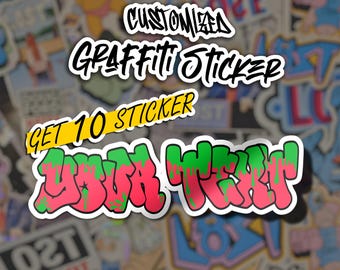 Puede incluir: Pegatina de graffiti personalizada con el texto "Your Text" en rosa y verde con estilo de pintura goteante. La pegatina está sobre un fondo de otras pegatinas coloridas. Obtén 10 pegatinas.