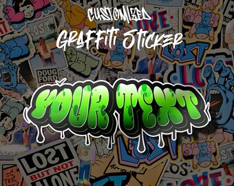 Puede incluir: Una pegatina de graffiti verde y negro con el texto "YOUR TEXT" en un estilo de goteo. La pegatina está rodeada de otras pegatinas coloridas con varios diseños y textos.