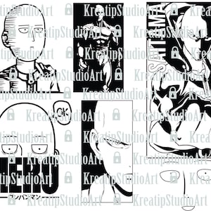 Könnte beinhalten: Schwarzweißillustrationen von vier verschiedenen Charakteren aus der Anime-Serie One Punch Man. Die Charaktere sind Saitama, Genos, Speed-O-Sound Sonic und King. Die Illustrationen sind im Comic-Stil gehalten.