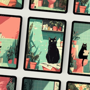 Conjunto de arte mural de gato para baño / 7 impresiones digitales / Decoración imprimible para baño / Regalo para amantes de los gatos / Descarga instantánea