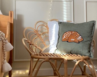 Embroidered Deer Fawn Linen Nursery Pillow, Khaki Forest Animal Cushion