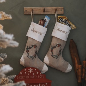 Rustic linen christmas stocking with personalized, fireplace decor Santa Socks, Housewarming xmas decoration, Gift idea for baby