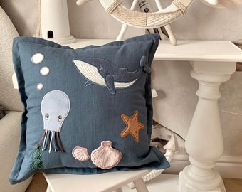 Embroidered Linen Ocean Nursery Pillow, Whale, Octopus, Shell