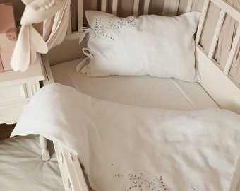 Softened Linen Baby Duvet Cover, Embroidered Floral Bedding Set