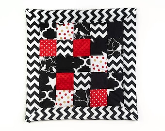 Monochrome Patchwork Baby Blanket, Sensory Playmat, Black White Red