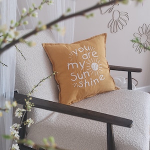 You are my sunshine, beautiful yellow pillow, children&#39;s room decor, spicy mustard linen with embroidery song lyric, sun playroom decoration