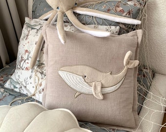 Embroidered Whale Linen Pillow, Nautical Nursery Decor