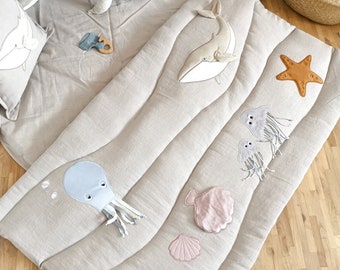 Beige Linen baby play mat with ocean animals, Developmental play mat, Activity Montessori toys, Newborn Baby shower present, Tummy time