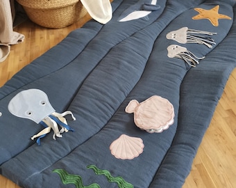 Linen baby play mat with ocean animals, Developmental play mat, Activity Montessori toys, Newborn Baby shower present, Tummy time