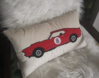 Velvet Racing Car Pillow, classic car fan, Personalized Boy's Room Decor - different colors