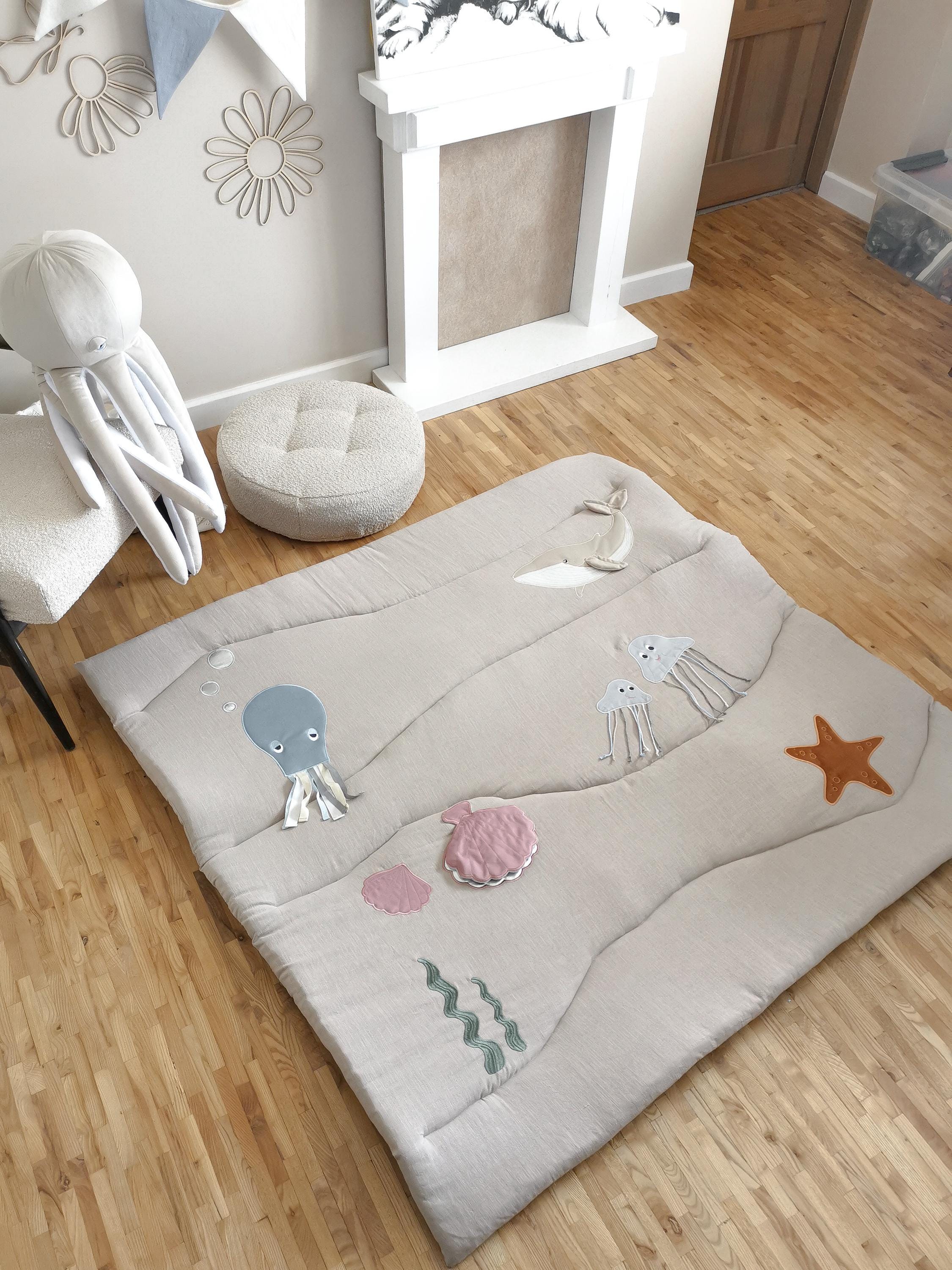 Big Beige Linen baby play mat with ocean animals, Developmental play mat, Activity Montessori toys, Newborn Baby shower present, Tummy time