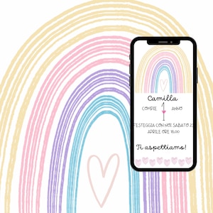 Birthday party invitation, editable, Invito compleanno bambina arcobaleno, invito boho, invito digitale, invito digitale whatsapp