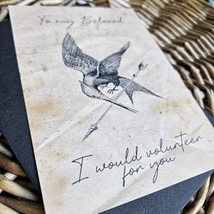 Tarjeta de amor de Los Juegos del Hambre, estilo libro, con sobre