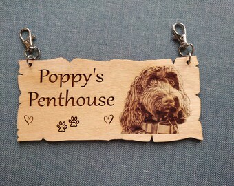 Custom Engraved Pet Photo Crate Sign: Wooden Kennel Nameplate