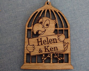 Personalized Oak Veneer Bird Cage Sign: Parrot Name Plaque