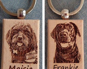 Personalized Pet Portrait Keyring: Laser Engraved Beechwood Dog Memorial