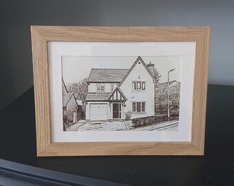 Custom Home Sketch Laser Engraved on Wood: New Home Gift with Easel or Frame