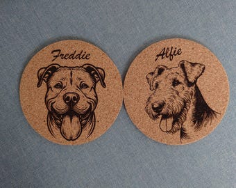 Personalised Set of 2 or 4 Engraved Dog Breed Cork Coasters, Table, Bar, Beer Mats.
