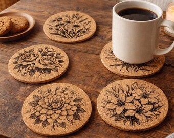 Floral 4 Piece, Cork Laser Engraved coaster Set, attractive tableware