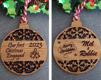 Personalized Oak Veneer Christmas Ornament: First Christmas, Family Keepsake