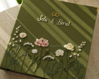 Custom Embroidered Linen Wedding Album | Hand-Stitched Floral Keepsake Scrapbook