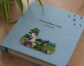 Hand Embroidered Linen Photo Album, Custom Wedding Keepsake (34x34cm)