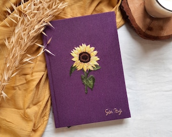 Embroidered Notebook with Sunflower, Linen, Custom Made, Journal