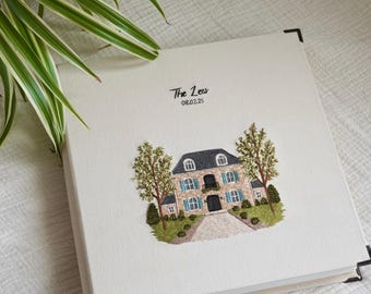 Hand Embroidered Wedding Photo Album, Custom Venue, Linen Cover (34x34cm)