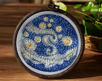 The Starry Night Embroidery, Hoop Art, Thread Painting, Handmade, Original Artwork, Handmade Gift, Embroidery Art