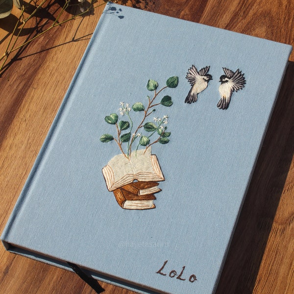 Embroidered Notebook with the eucalyptus blooming from book,  Personalized Journal, Linen, Handmade Journal, Hand Embroidery Birds