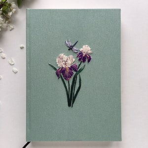 Hand Embroidered Notebook with  Iris Flower - Custom Journal, Hardcover, Handmade