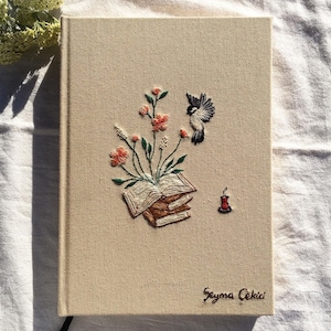 Embroidered Notebook with the flowers blooming from book, Personalized Journal, Linen, Handmade Journal