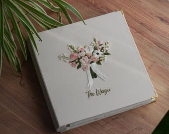 Custom Embroidered Linen Photo Album, Bridal Bouquet Wedding Keepsake (34x34cm)